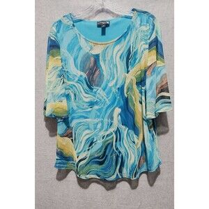 Antthony Womens Top Large Abstract  Blue Yellow Multicolor  Casual Tunic